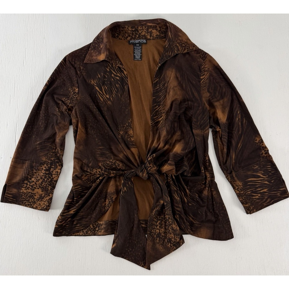 Mishca Blouse Tie Front Top Tiger Animal Print Fall PM Petite Brown Faux Suede